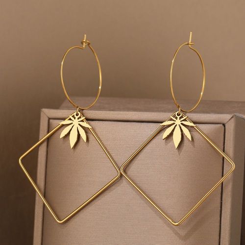 Boucles D'oreilles Rétro Géométriques En Acier Inoxydable Pour Femme, Grand Carré, Mode, Cuir Oral Elu Érable, Pendentif Amulette, Bijoux, Cadeaux Pour Amis