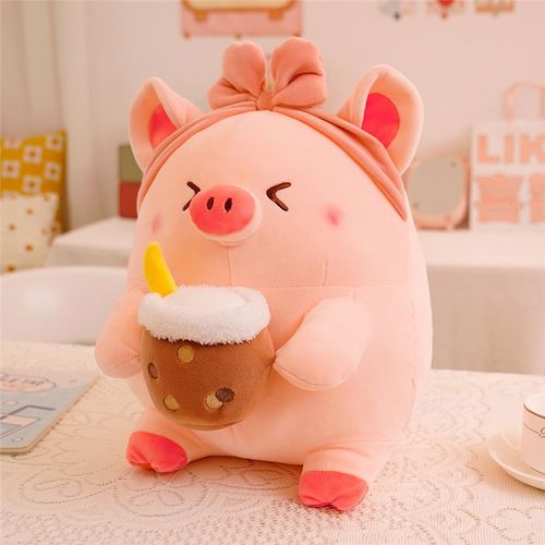 Peluche cochon mignon avec bandeau et thé au lait pour enfants Cochon à thé au lait aux yeux triangulaires - 40 cm
