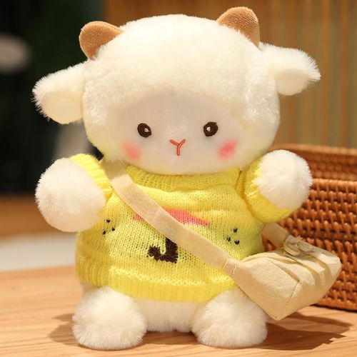 Petit mouton en peluche, mignon pull, poupée mouton, poupée de dessin animé, marionnette, oreiller de couchage, cadeau pour fille et enfant Pull jaune - 33 cm (0,30