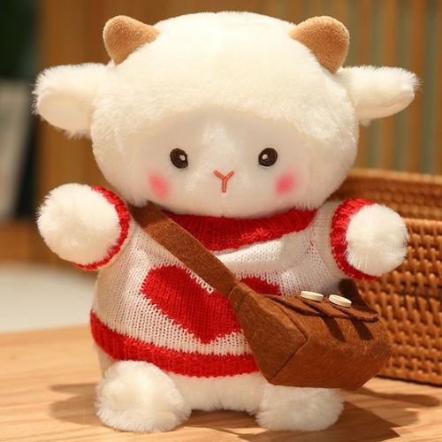 Petit mouton en peluche, mignon pull, poupée mouton, poupée de dessin animé, marionnette, oreiller de couchage, cadeau pour fille et enfant Coeur d'amour rouge et blanc - 23 cm (0,15