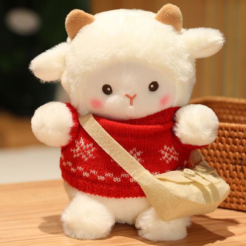 Petit mouton en peluche, mignon pull, poupée mouton, poupée de dessin animé, marionnette, oreiller de couchage, cadeau pour fille et enfant Pull flocon de neige rouge - 23 cm (0,15