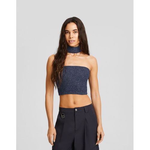 Top Col Type Collier Ras Du Cou Maille Brillante Femme L Bleu