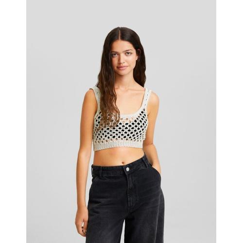 Crop Top Bretelles Crochet Rustique Brillant Femme L Blanc Cassé