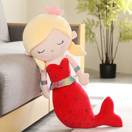 Princesse Sirène Peluche Poupée Mignonne Sirène Long Oreiller Fille Dormant sur le Lit Câlinant Les Jambes Poupée Rouge-1,1 m