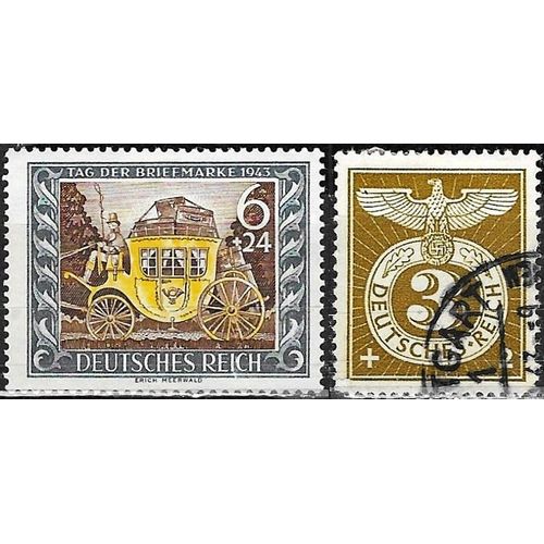 Allemagne, 3ème Reich 1943, Beaux Timbres Yvert 747 - Neuf* Sans Gomme, Journée Du Timbre, Diligence Postale Et 762 - Oblitéré Cachet Rond, Aigle Et Croix Gammée, Au Profit Du Secours D'hiver.