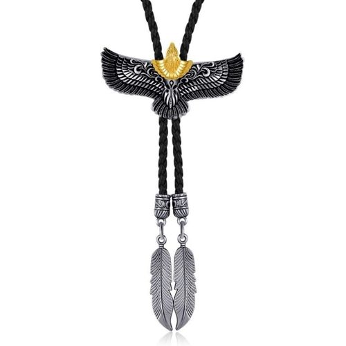 Cravate Bolo Américaine En Cuir De Cowboy Avec Pendentif Aigle Volant En Métal
