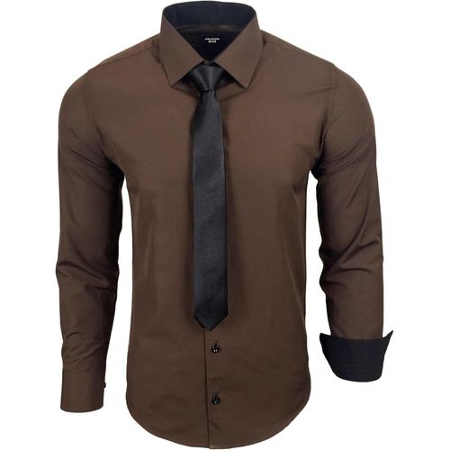 - Chemise Homme Manches Longues Col Bicolore Uni + Cravate Noir Chemise Coupe Ajusté Business Repassage Facile Rn77