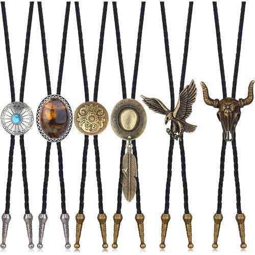 6 Pcs Bolo Cravate Turquoise À La Main Forme Ronde Western Cowboy Noir En Cuir Cravate Bola Cravate Halloween Costume Accessoires Pour Hommes Femmes