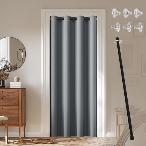 Rideau Occultant Rideau Porte Entrée Avec Tringle Rideau Extensible,Lot De 1 Rideau Anti Froids Panneaux De Rideaux Intérieurs Avec ?Illets Isolation Lumineux,Rideau Gris + Tringle Blanc