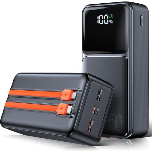 Power Bank 50000mah Batterie Externe 22,5 W Rapide Chargement Portable Chargeur Avec Câble Intégré Portable Batterie Usb C, 2 Input + 5 Output Avec Écran Led Powerbank Pour Smartphones Tablette