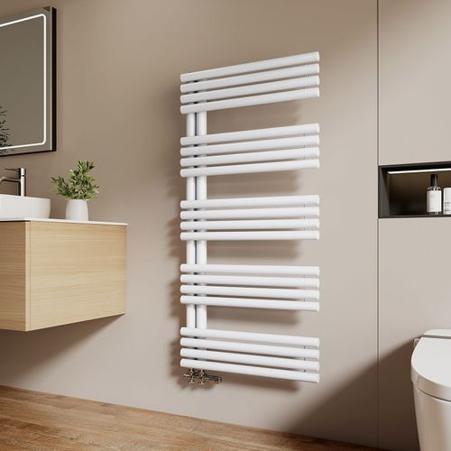EMKE Sèche-serviettes eau chaude 126,5 x 60 cm, tubes ronds, raccordement latéral, porte-serviettes, chauffe-serviettes, blanc brillant, 776 W