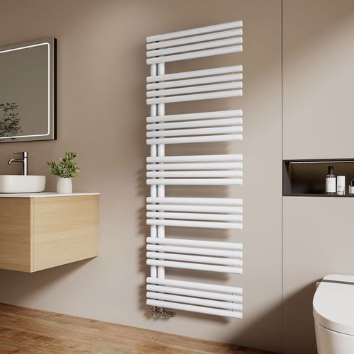 EMKE Sèche-serviettes eau chaude 166 x 60 cm, tubes ronds, raccordement latéral, porte-serviettes, chauffe-serviettes, blanc brillant, 1075 W