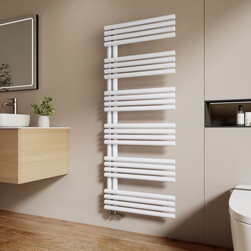 EMKE Sèche-serviettes eau chaude 153,5 x 60 cm, tubes ronds, raccordement latéral, porte-serviettes, chauffe-serviettes, blanc brillant, 933 W