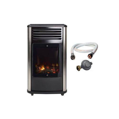 Poêle à gaz 3.4 kW Noir effet poêle à bois Manhattan Chauffage d'appoint + Tuyau gaz + Detendeur butane UNIVERSAL