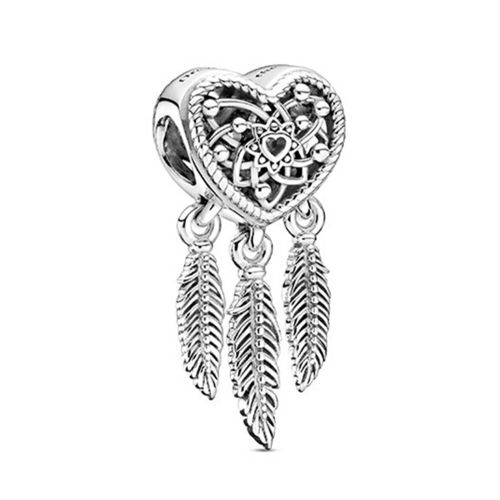 Attrape-Rêve Coeur Plume - Argent 925 Pendentif Breloque Pour Chaîne D'os Serpent Bracelets Et Collier Femme