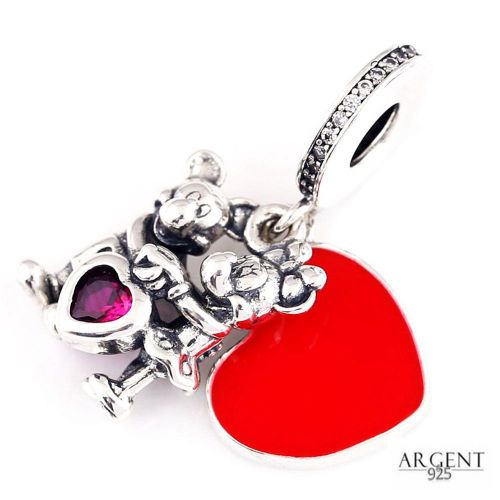 Pendentif Mickey Et Minnie Coeurs Rouges - Charme Disney Pour Charms Breloque Bracelets Et Collier Femmeen Argent 925