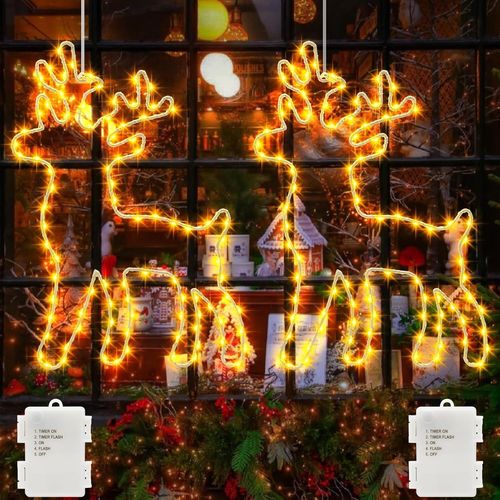 Lot De 2 Décorations De Fenêtre Led En Forme De Renne - 120 Led - Guirlande Lumineuse Suspendue Avec Minuterie - Rideau En Métal - Pour L'intérieur Et L'extérieur - Blanc Chaud