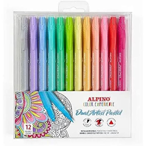 Marqueurs - Alpino - Dual Artist - 12 Couleurs Pastel - Pointe Fine Et Pinceau - Ergonomiques