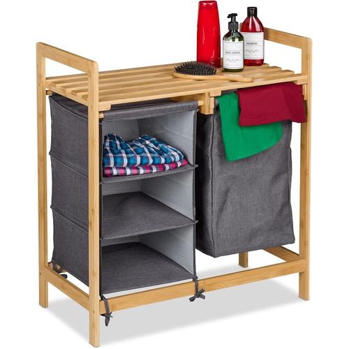 Meuble À Linge, Bac Extensible, 3 Compartiments, 1 Étagère, Bambou Et Polyester, Nature Et Gris
