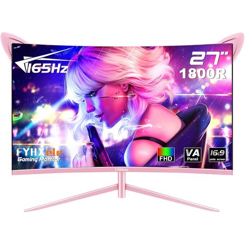 Fy27Fhp Moniteur Rose 27 Pouces Incurvé Gaming 165Hz - Ecran Va 144Hz 1800R 1Ms 1920X1080P, Haut-Parleurs Intégrés, Amd Free-Sync, Hdmi, Dp, Usb, Aux, Inclinaison Réglable