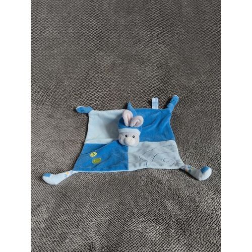 Doudou Plat Lapin Bleu - Gipsy - Peluche Lapinou - Mouchoir Carré - Fleur Feuille