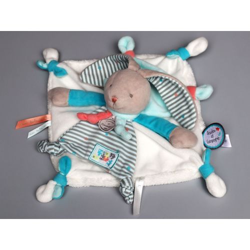 Doudou lapin plat Happy Puzzle blanc bleu Doudou et Compagnie