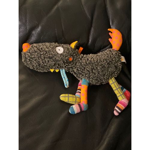 Peluche Doudou Ebulobo  Loup Gris Noir Orange Vert Grelot