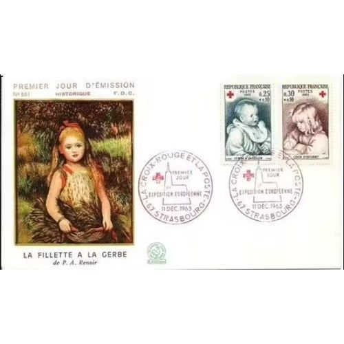 France 1965, Belle Enveloppe 1er Jour Fdc 551, Timbres Croix Rouge Oeuvres De Renoir, Yvert 1466 Le Bébé À La Cuiller Et 1467 Coco Écrivant.