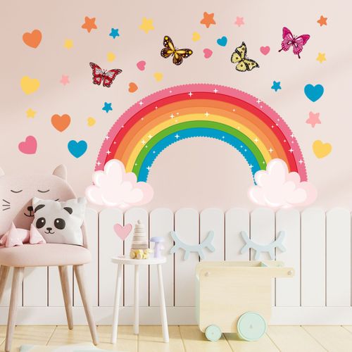 Stickers Muraux Arc en Ciel - Mural Papillons Nuage Étoile Décoration Murale Chambre Enfants Bébé Pépinière Salon