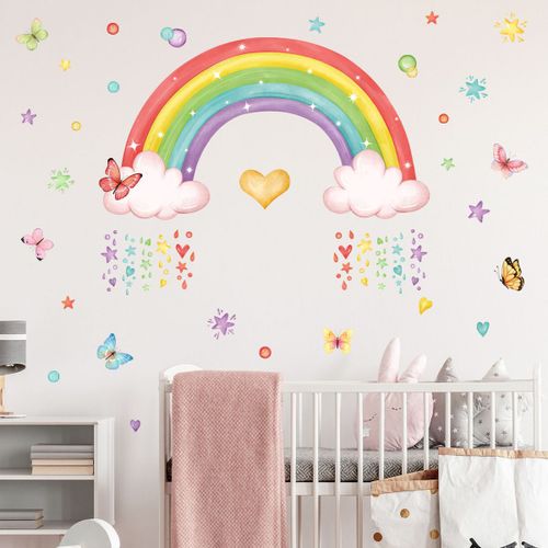 Stickers Muraux Arc en Ciel Papillons - Nuage Etoile Décoration Murale Chambre Enfants Bébé Pépinière Salon