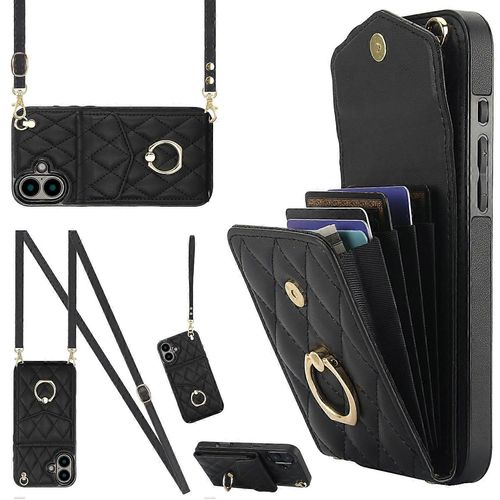Pour Iphone 16 Coque Carte Sac Cuir + Tpu Housse De Téléphone À Bandoulière Avec Béquille À Anneau - Noir