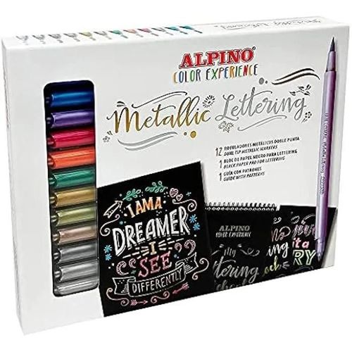 Marqueurs Métalliques Lettering - Alpino - Kit Color Experience - 12 Feutres - Papier Noir - Guide Inclus