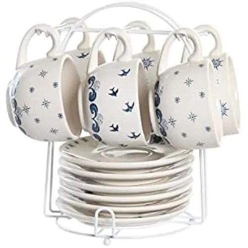 Set De Tasses Avec Assiettes - Dkd Home Decor - Métal - Bleu Et Blanc - Rond - Pour Adultes