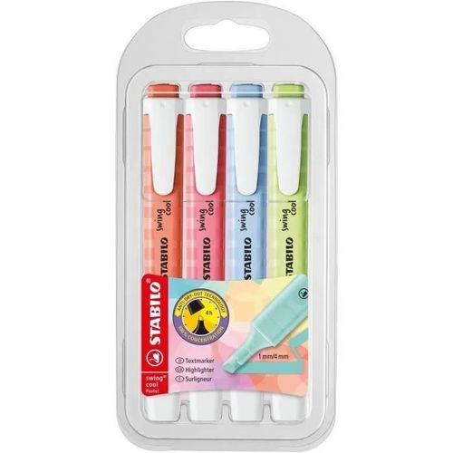 Pochette X 4 Stabilo Swing Cool Pastel - Citron Vert + Rose + Bleu + Corail - Carton De 5 Pièces
