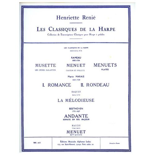 Henriette Renié : Les Classiques De La Harpe No. 1 Collection De Transcriptions Classiques Pour Harpe À Pédales - Conducteur Harpe 9790046201639 Al20163