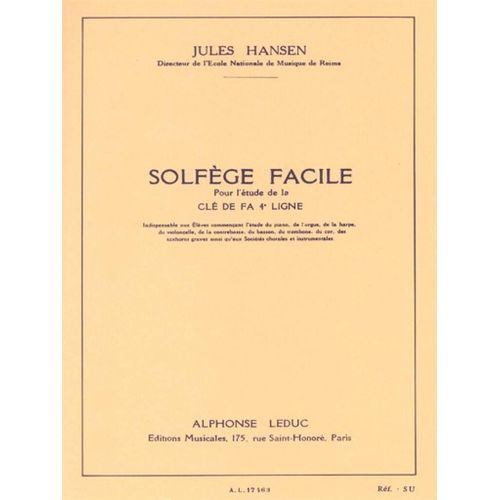 Jules Hansen : Solfège Facile Pour L'étude De La Clé De Fa 4e Ligne - Recueil 9790046174636 Al17463