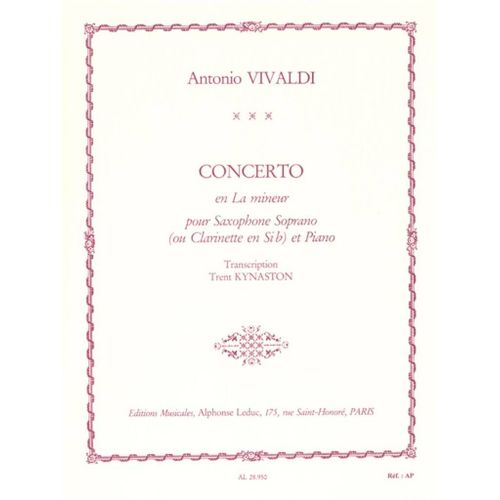Antonio Vivaldi : Concerto Fvii/5 Rv461 In A Minor - Recueil Tenor Saxophone, Soprano Saxophone 9790046289507 Al28950