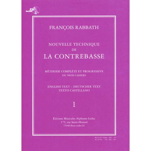 François Rabbath : Nouvelle Technique De La Contrebasse, Cahier 1 New Technique For The Double Bass, Part 1 - Recueil Avec Support(S) En Ligne Double Bass 9790046254376 Al25437