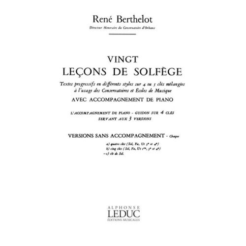 René Berthelot : 20 Lecons De Solfege C Cle De Sol - Recueil 9790046256356 Al25635