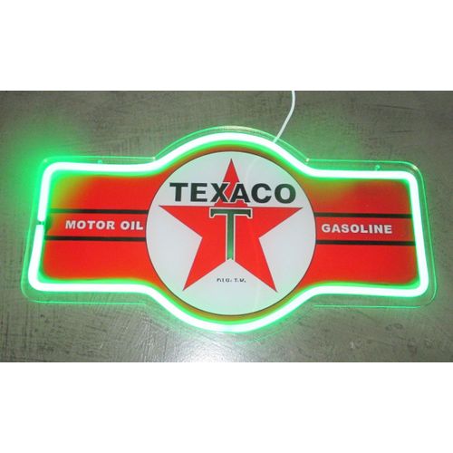 Blason Plexi Publicitaire Texaco Motor Oil Gasoline 44x25cm Tour Vert Lumineux