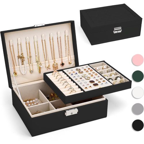 Boite A Bijoux,Grande Boîte À Bijoux Avec 2 Étages,Organisateur De Bijoux De Voyage En Cuir Pu,Organisateur De Boîte À Bijoux Portable,Coffret À Bijoux Pour Ranger Bagues,Bracelets,Noir
