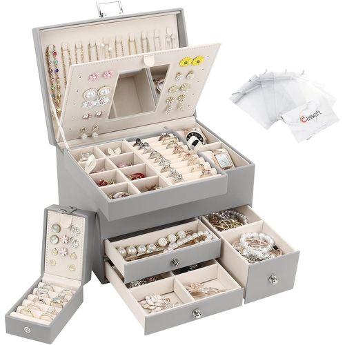 Boîte À Bijoux En Cuir,Coffret À Bijoux 3 Couches Grande Capacité Avec Boîte De Voyage Portable,Rangement Bijoux Avec Plateau Amovible Pour Bagues,Colliers,Bracelets,Gris