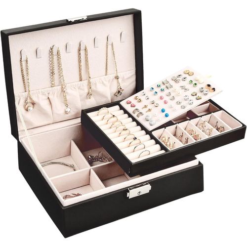 Boîte À Bijoux Deux Couches,Organisateur De Bijoux Coffret À Bijoux Rangement À Bijoux Boîte À Bijoux En Cuir Synthétique Avec Clés Pour Collier Boucles D'Oreilles Bracelets Bagues
