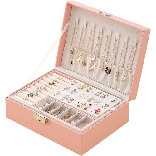 Boîte À Bijoux Pour Femme,Coffret À Bijoux En Cuir Verrouillable De 2 Couches Organisateur À Bijoux,Petit Jewelry Stockage Cas Rangement Pour Bagues Boucles D'Oreilles Colliers(Pink)