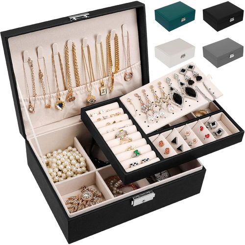 Boîte À Bijoux Pour Femme En Cuir Deux Etages Coffret De Rangement Bijoux Pour Ranger Bagues/Boucles D'Oreilles/Colliers-Noir