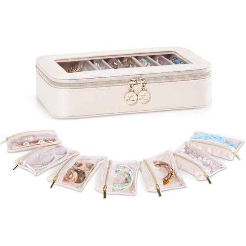 Pochette Bijoux Voyage Velours,Trousse Bijoux Voyage,Sac Rangement Bijoux Pour Colliers Boucles D'oreilles Bagues Bracelets-Lot De 7,Beige