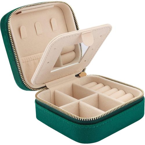 Mini Coffret À Bijoux De Voyage En Velours Avecmiroir,Boîte À Bijoux De Voyage Pour Filles Et Femmes,Petit Organisateur De Bijoux Pour Bagues,Boucles D'oreilles,Colliers,Vert Foncé