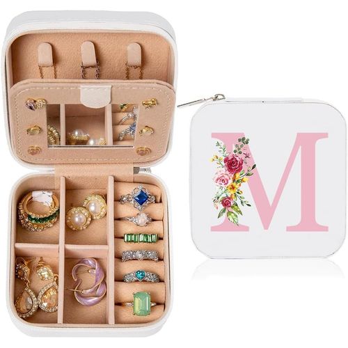 Boite A Bijoux De Voyage Avec Initialem,Petite Organisateur De Bijoux En Cuir Pu,Organisateur De Boîte À Bijoux Portable,Coffret À Bijoux Pour Bagues Colliers Bracelets,Cadeau Pour Filles Femmes