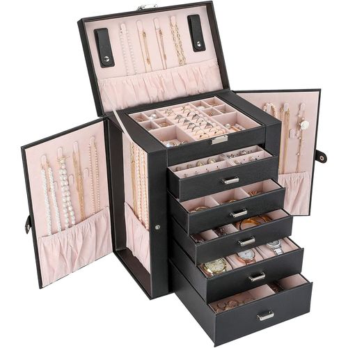 Boîte À Bijoux 6 Compartiments,Coffret À Bijoux Cuir Gainé,Sans Perdre Ou Abîmer Les Bijoux,Cadeau Noël Anniversaire Fête Demère-Noir