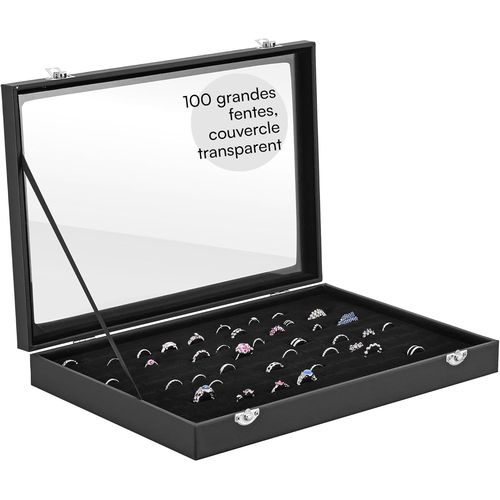 Grande Boite A Bijoux Femme Homme- Rangement Presentoir Pour 100 Bague Et Boucle D'oreille En Bois Doublure Velours Avec Couvercle- Boîte À Bijoux Transparente
